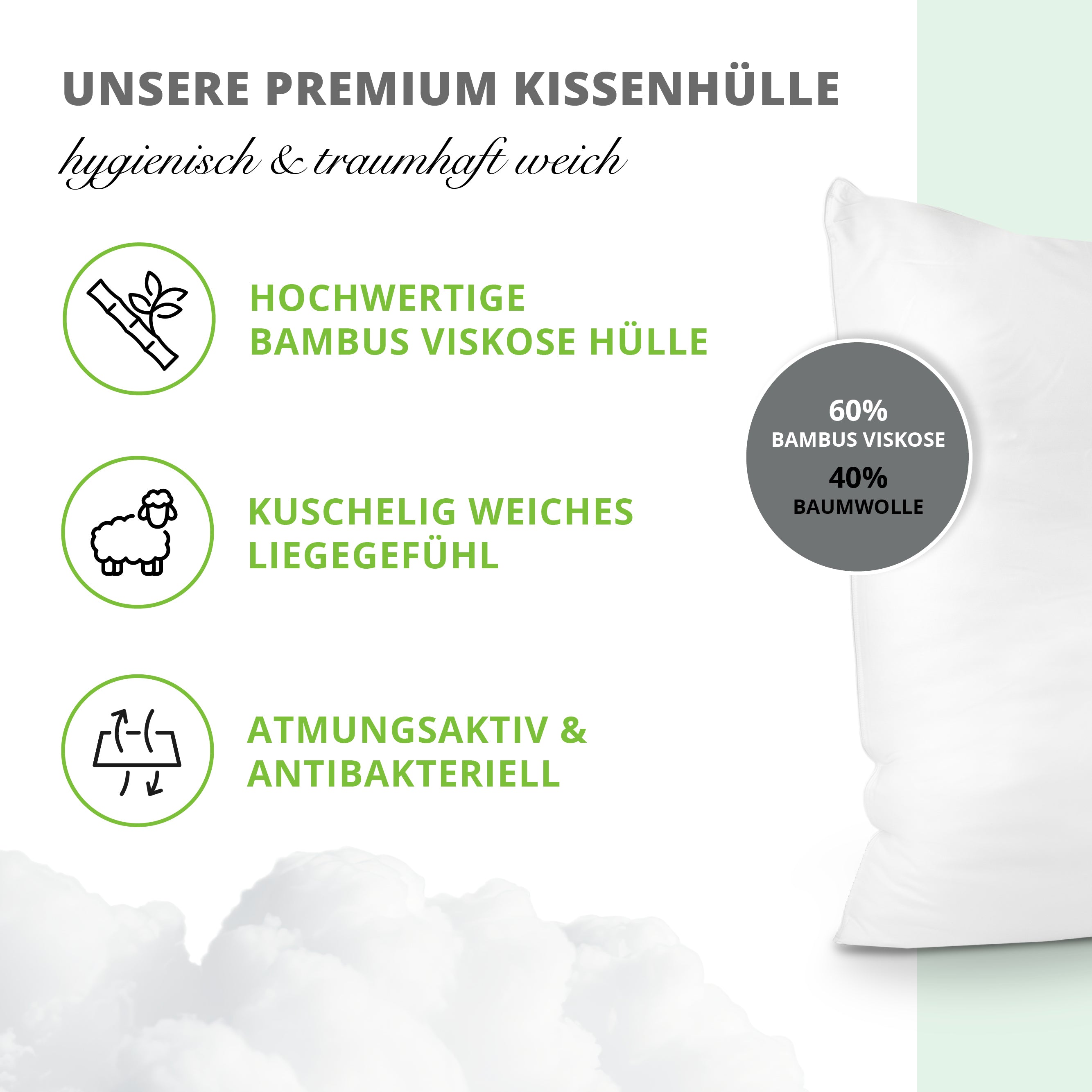 Bambus Super Soft Kopfkissen 40x80 cm I Bambus Kissen mit OEKO-TEX Bezug aus Bambus & Baumwolle I weich gefĂĽllt, waschbar, hautfreundlich & allergikergeeignet I nachhaltig & plastikfrei verpackt