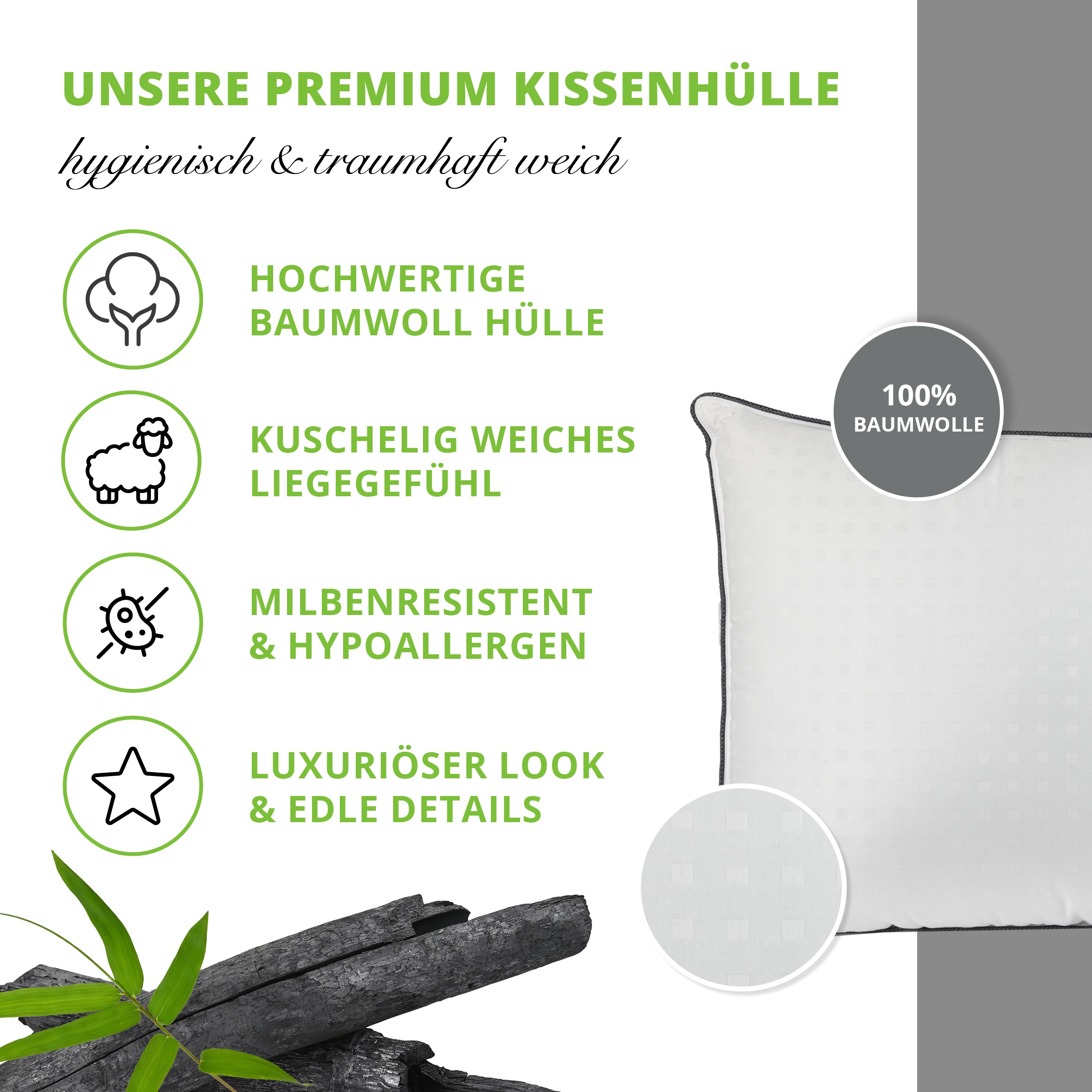 Greenhome Lifestyle Sofakissen 40x60 cm – Formstabiles Zierkissen mit Bambus-Aktivkohlefaser, OEKO-TEX Baumwollbezug & nachhaltiger Non-Woven Verpackung