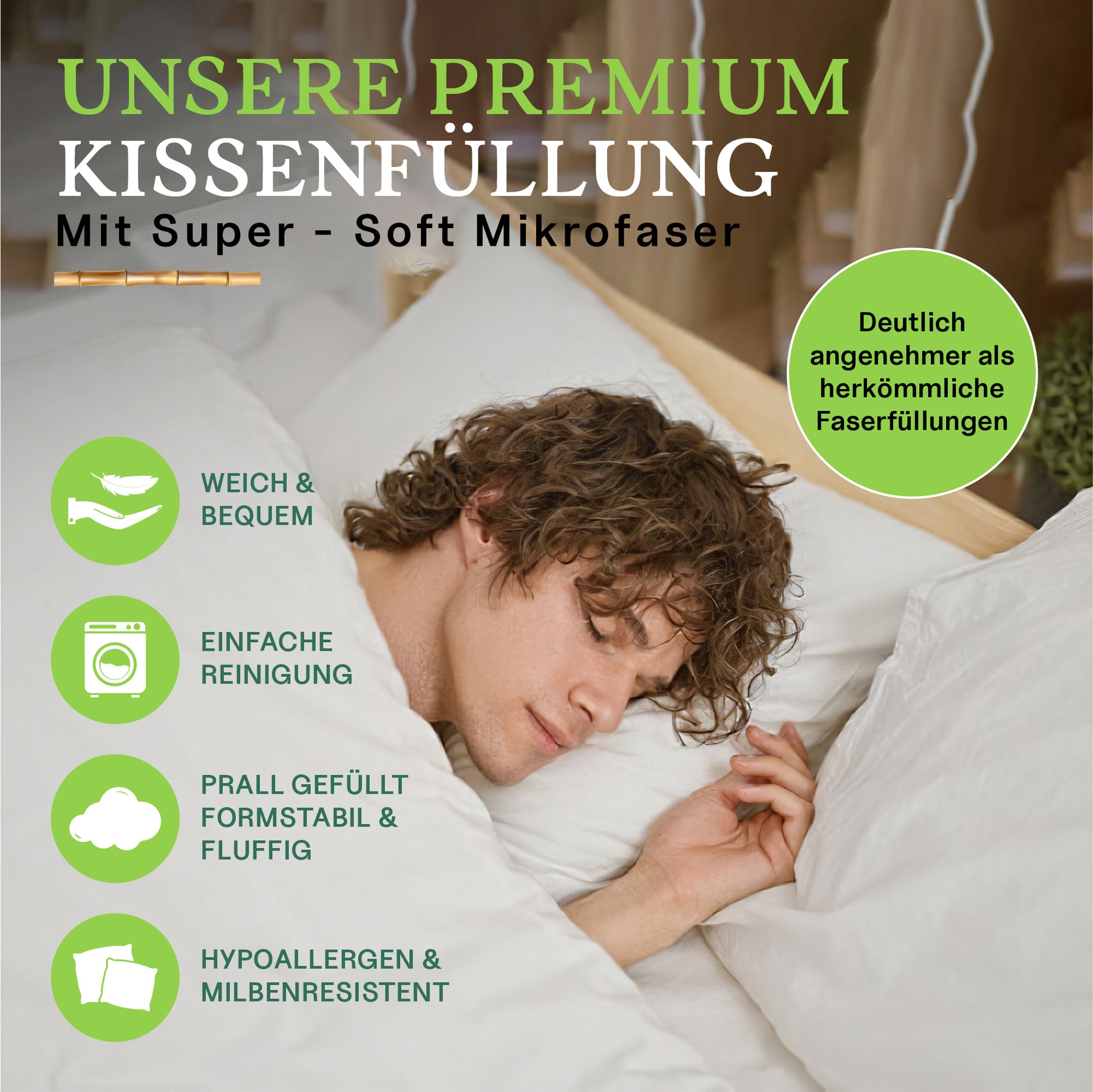 Premium Bambus Kopfkissen 80x80 cm - Super Soft Microfaser | Nachhaltiges Bamboo Kopfkissen | Antiallergisch | OekoTex 100 Zertifiziert | Hochwertiges Ergonomisches Bettkissen