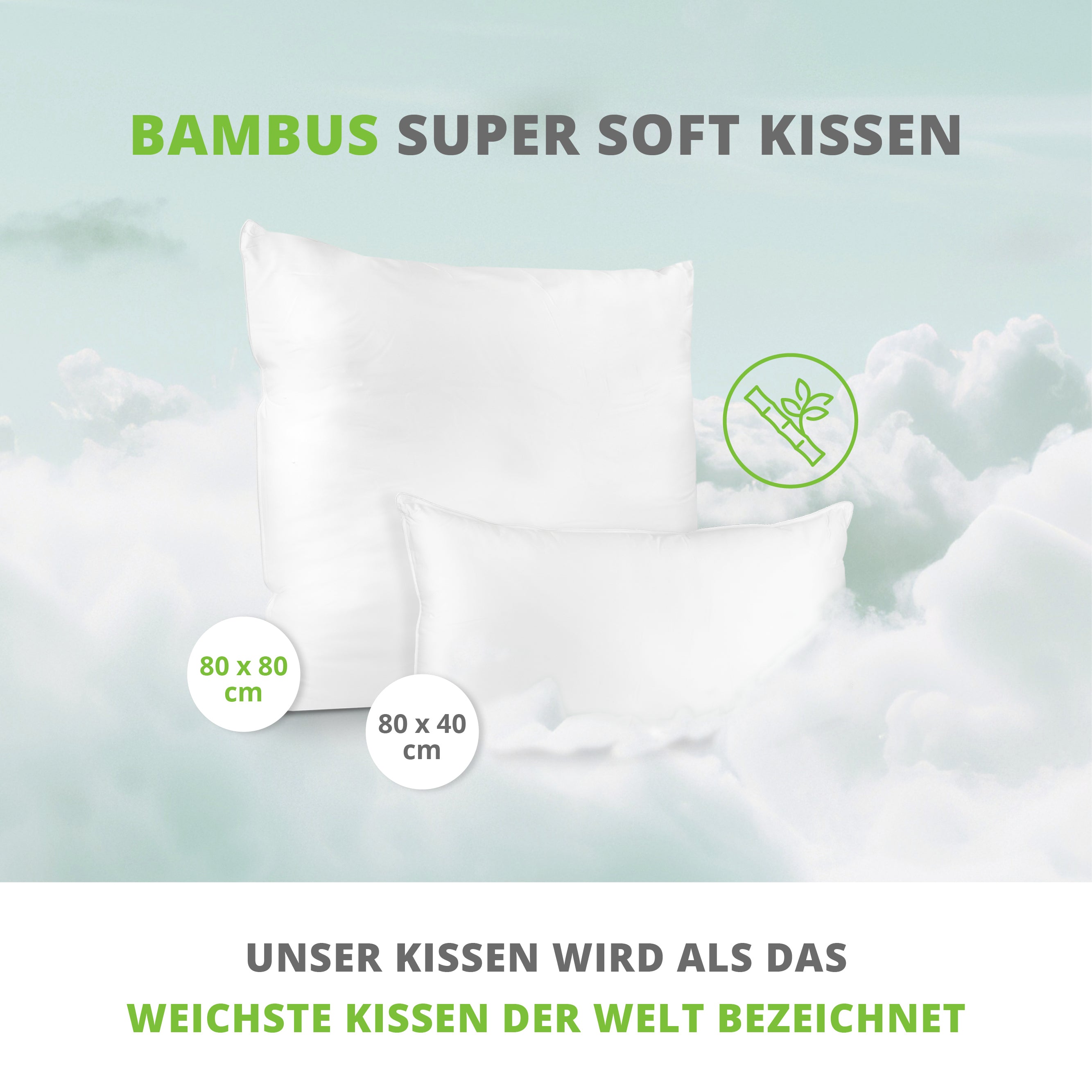 Bambus Super Soft Kopfkissen 40x80 cm I Bambus Kissen mit OEKO-TEX Bezug aus Bambus & Baumwolle I weich gefüllt, waschbar, hautfreundlich & allergikergeeignet I nachhaltig & plastikfrei verpackt