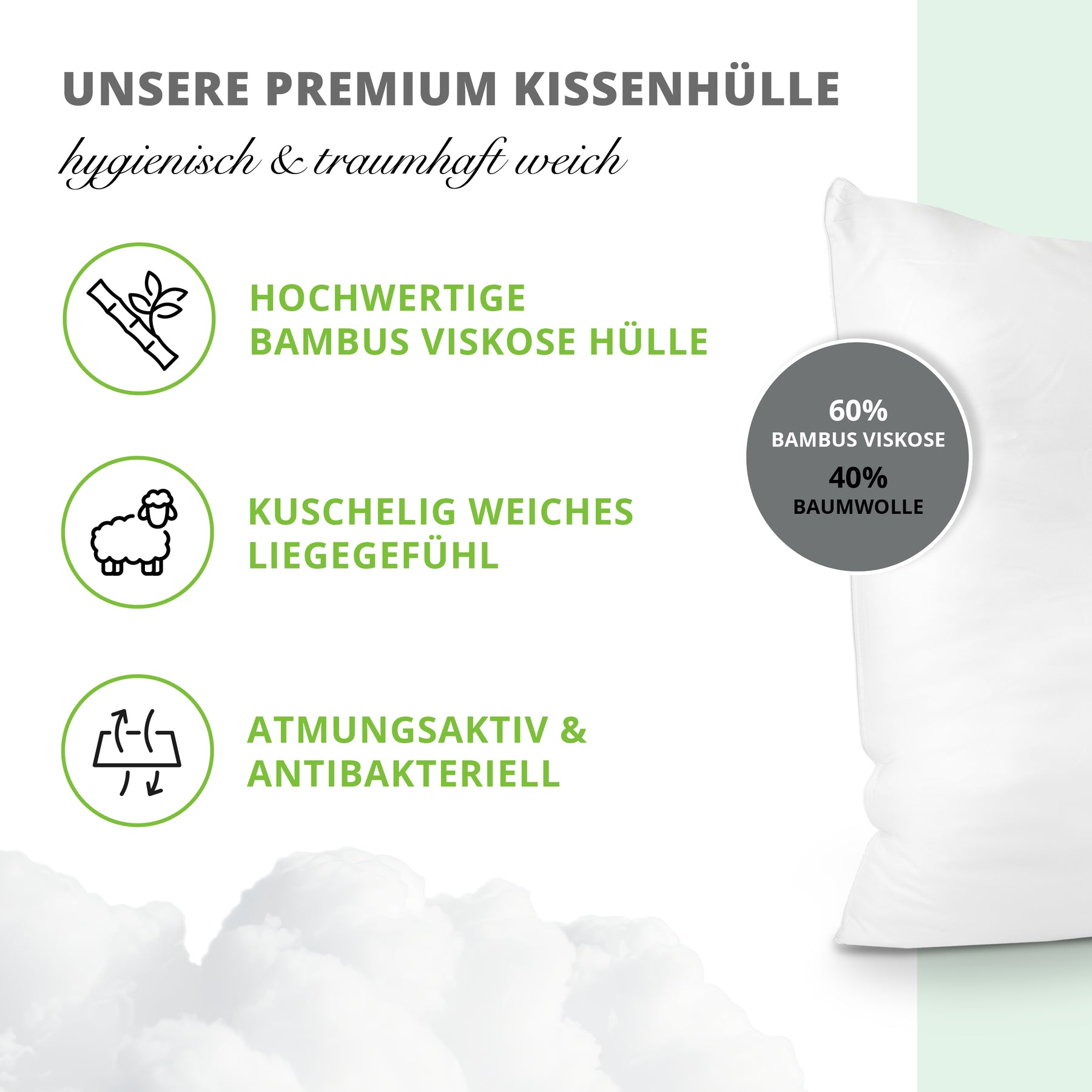 Premium Bambus Kopfkissen 40x80 cm - Super Soft Microfaser | Nachhaltiges Bamboo Kopfkissen | Antiallergisch | OekoTex 100 Zertifiziert | Hochwertiges Ergonomisches Bettkissen