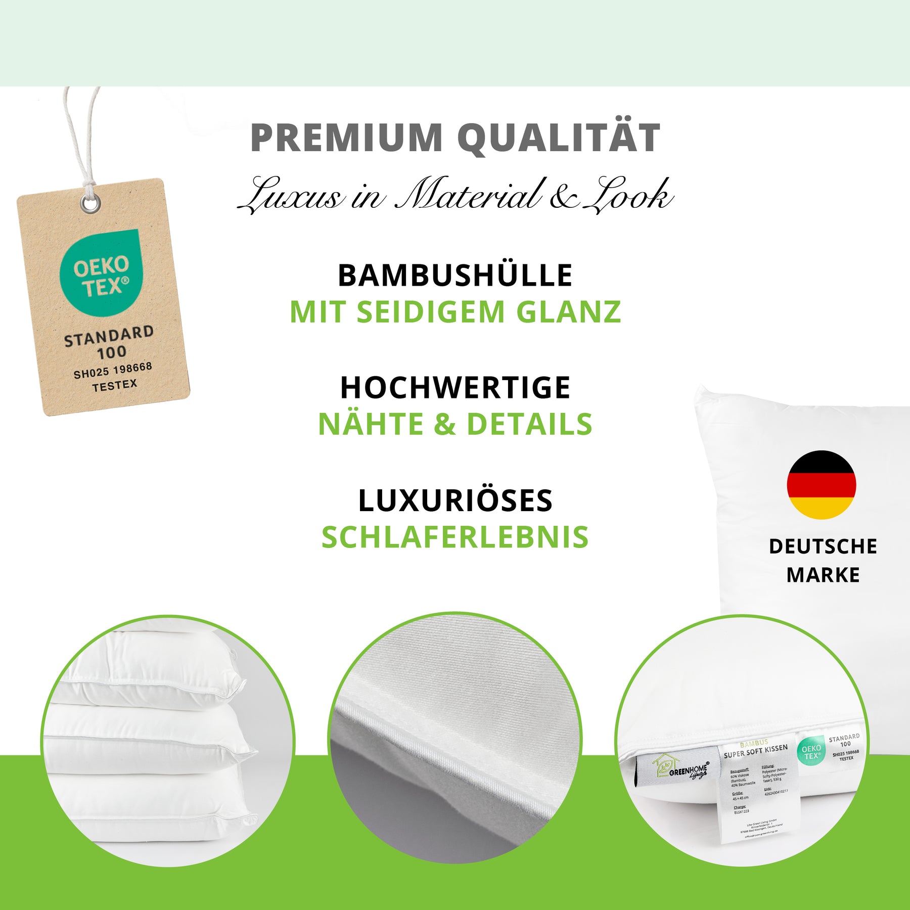 Premium Bambus Kopfkissen 40x80 cm - Super Soft Microfaser | Nachhaltiges Bamboo Kopfkissen | Antiallergisch | OekoTex 100 Zertifiziert | Hochwertiges Ergonomisches Bettkissen