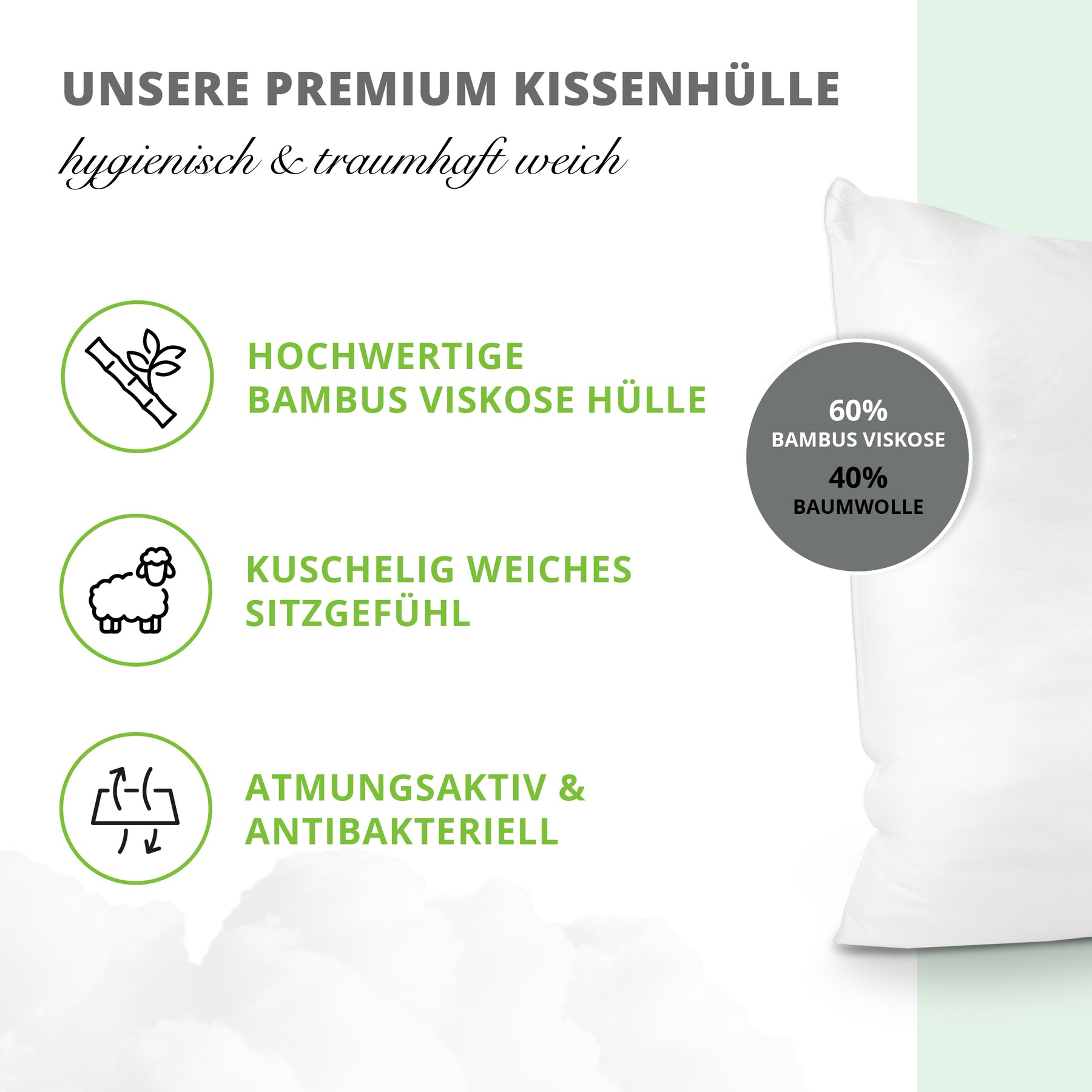 Greenhome Lifestyle® Bambus Super Soft Kissen 30x50cm mit 400g Füllung als Sofakissen, Füllkissen, Innenkissen oder auch als Bettkissen, Reisekissen