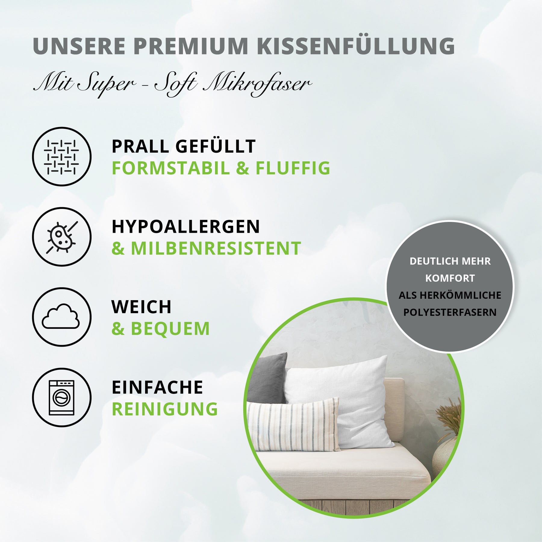 Greenhome Lifestyle® Bambus Super Soft Kissen 30x50cm mit 400g Füllung als Sofakissen, Füllkissen, Innenkissen oder auch als Bettkissen, Reisekissen