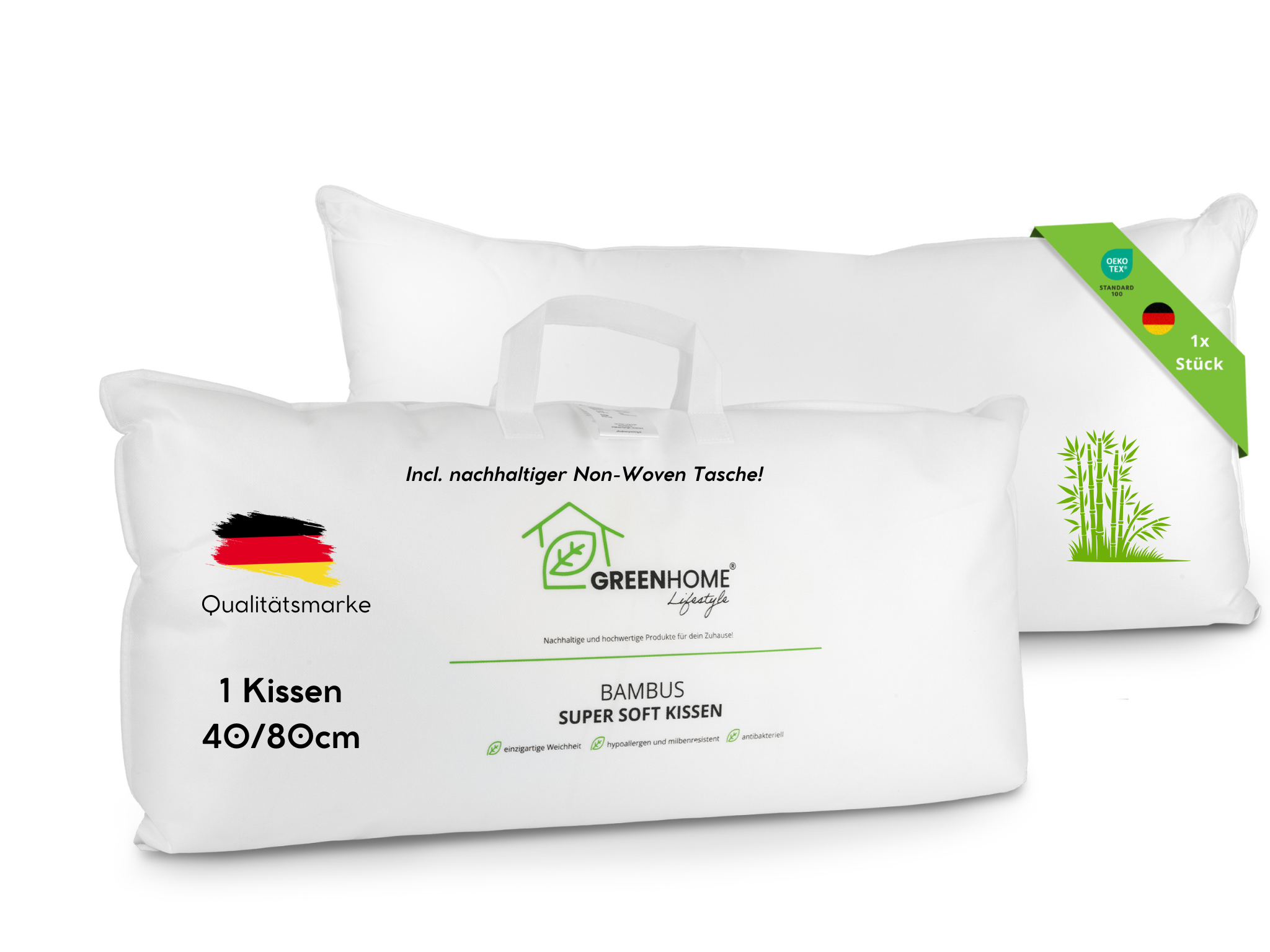 Bambus Super Soft Kopfkissen 40x80 cm I Bambus Kissen mit OEKO-TEX Bezug aus Bambus & Baumwolle I weich gefüllt, waschbar, hautfreundlich & allergikergeeignet I nachhaltig & plastikfrei verpackt