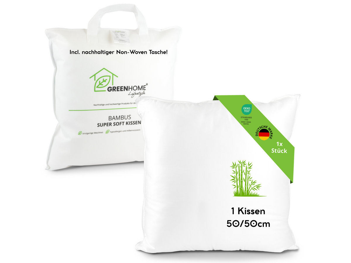 Bambus Super Soft Kissen 50x50cm mit 650g Füllung als Sofakissen, Füllkissen, Innenkissen oder auch als Bettkissen, Reisekissen oder Kinderkissen (ab 3 Jahre)